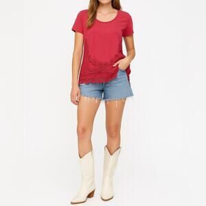 FREE PEOPLE Y2K Crochet Trim Tee | M | Raspberry Red | Vintage-Era Boho
